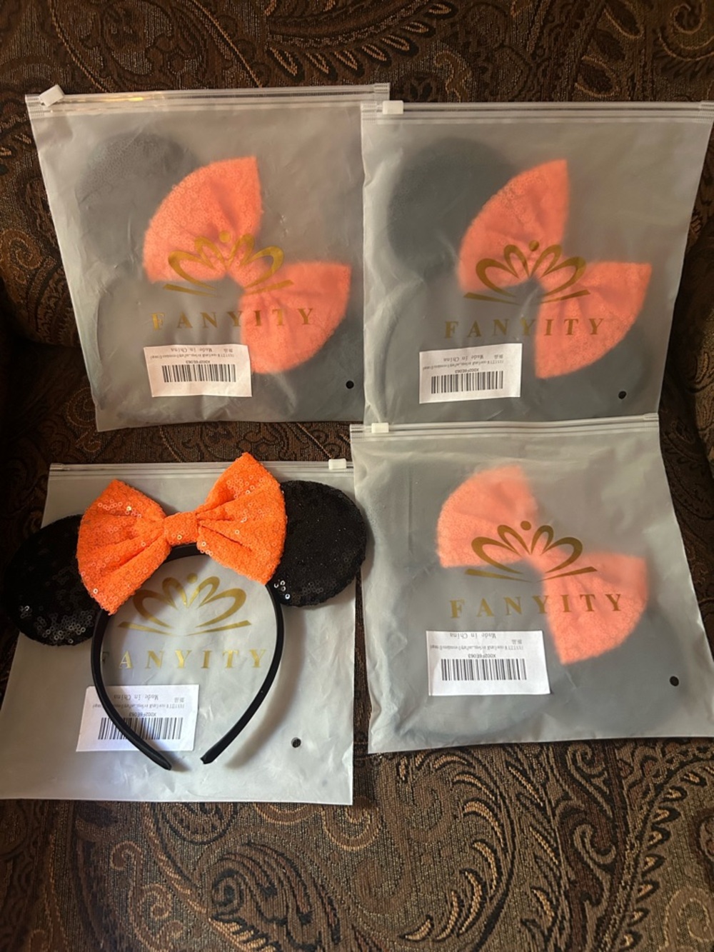 Sequin Minnie Mouse Ear Headband with Orange Bow